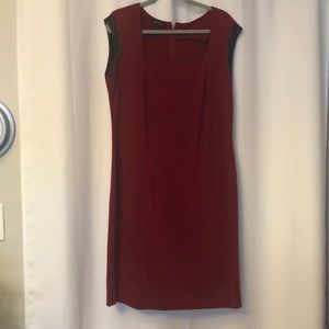 Dark red cocktail dress with black leather detail